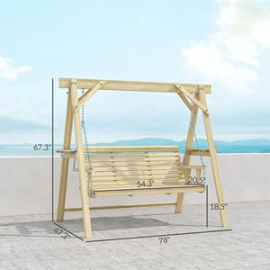 Balançoire de véranda en bois 3 places avec support, balançoire de patio en bois naturel avec tables latérales pour jardin, bord de piscine ou cour arrière - Product Image 3