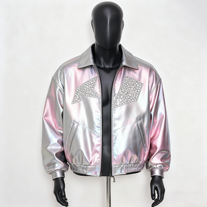 Veste moto en cuir PU marron gaufré pour homme avec détails rivetés, col rabattable, fermeture éclair, coupe classique, style automne - Product Image 5