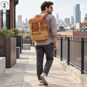 Mochila de Viaje de Lona de Dos Tonos con Correas de Hebilla |   Mochila de Lona Color Marrón Oxidado con Bolsillos Laterales Delanteros para Uso Diario - Product Image 3