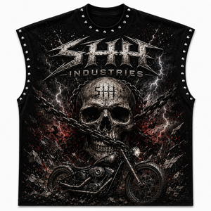 SHH INDUSTRIES Custom Oversized Sleeveless Tank <b>Top</b> <b>Skull</b> Motorcycle Graphic Washed Heavy Cotton Studded Neck Streetwear Vintage - Product Image 1