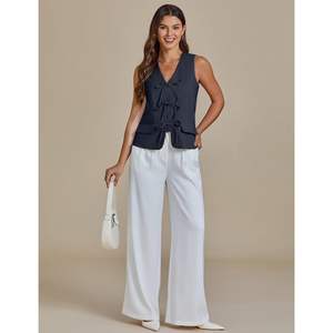 2025 femmes à la mode été haut décontracté sans manches lin gilet avec cravate avant et poches tissé gilet costume courte longueur - Product Image 5