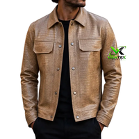 VANTEX SPORTS Blouson Moto Homme Marron en Toile Gaufrée Effet Croco Col Montant Décontracté Poche Avant Grande Taille Hiver Respirant