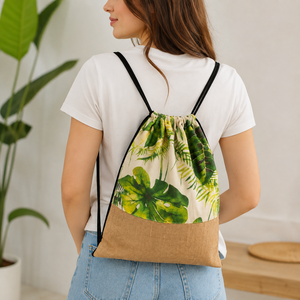 Sac à cordon en coton naturel et jute 140 GSM 38x42 cm, impression CMYK tropicale, logo personnalisé, promotionnel, vente en gros, marque privée, en vrac - Product Image 6