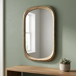 Modern Antique Gold Rounded <b>Rectangle</b> <b>Wall</b> <b>Mirror</b> with Textured Metal Frame <b>for</b> Bathroom Bedroom Living Room Decor - Product Image 1