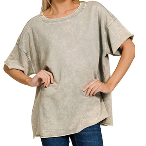 T-shirts pour femmes tendance et décontractés en tissu extensible coupe classique délavé à l'acide 100% coton respirant séchage rapide anti-plis - Product Image 1