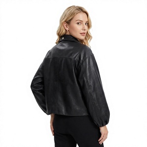 <b>Women's</b> <b>Black</b> Textured Faux Leather Motorcycle Jacket Turn Down Collar Patch Pockets Belted Waist Autumn <b>Coat</b> - Product Image 2