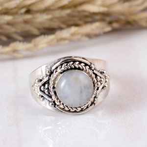 Handmade 925 Sterling <b>Silver</b> Rainbow Moonstone Bezel Set Vintage Boho Filigree <b>Statement</b> <b>Ring</b> Unisex Jewelry - Product Image 1