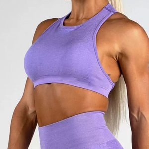 Women's Purple Seamless Halter Sports Bra High Neck Crop Top Medium Support Yoga Fitness Wear Solid Color Activewear - Product Image 5