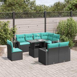 Juego de sofás de jardín de ratán sintético negro de 9 piezas con cojines - Product Image 1
