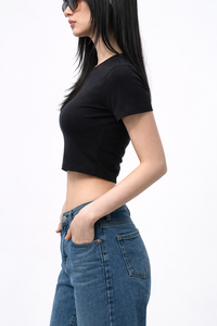 Top Corto de Mujer, Estilo Dulce, Tejido Sólido de 220 g/m², Transpirable, Ajustado, de Manga Corta, de Algodón y Elastano, para Verano - Product Image 3