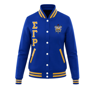 เสื้อแจ็คเก็ตซาตินทรงบอมเบอร์แขนยาวสำหรับผู้หญิง Sigma Gamma Rho ปิดด้วยซิป เสื้อผ้าชมรมหญิงชาวกรีก เสื้อคลุมลำลองน้ำหนักเบา - Product Image 1