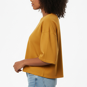 T-shirt court oversize pour femme, col rond, épaules tombantes, couleur unie, coupe ample, demi-manches, en jersey, avec logo imprimé, pour un look décontracté - Product Image 2