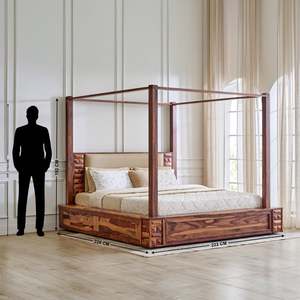 Solid Wood King Canopy <b>Bed</b> Teak Upholstered Headboard Traditional Design Four Poster <b>Frame</b> - Product Image 6