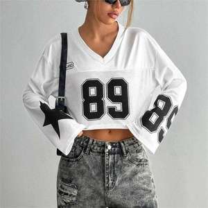 Women’s Y2K Goth Long Sleeve Mesh Crop <b>Top</b> V-Neck Graphic Jersey Plaid Breathable Streetwear Tee - Product Image 1