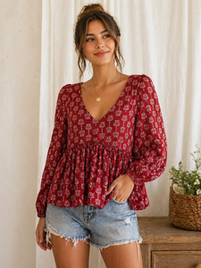 Wholesale Women Floral Printed <b>Boho</b> Peplum Blouse Long Sleeve V Neck Woven Loose Fit 100% Cotton Eco-Friendly Casual Summer OEM - Product Image 2