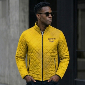 Men's Yellow Quilted <b>Jacket</b> Stand Collar Zipper Closure Casual Autumn Wear Windproof Polyester Wadding Slim Fit - Product Image 2