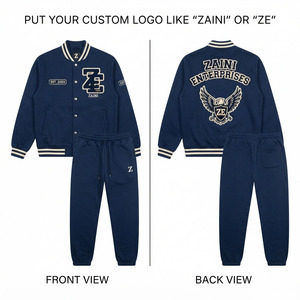 ZAINI 320 GSM Premium Cotton <b>Fleece</b> Varsity Tracksuit <b>Navy</b> <b>Blue</b> Rib Knit <b>Jacket</b> Jogger Set Custom Applique Embroidery Breathable - Product Image 1