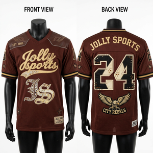 Camiseta de fútbol para hombre de malla de poliéster de 220 GSM, color marrón dorado, con pedrería y detalles de sarga, 100% algodón, corte holgado, estampada. - Product Image 1