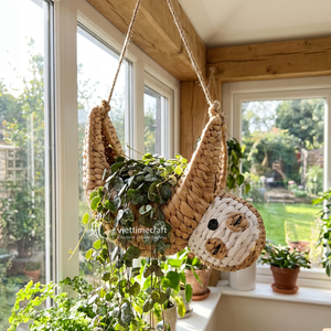 Water Hyacinth Sloth Planter, Woven Natural Fiber <b>Hanging</b> Plant Holder, Animal Shaped Pot for Boho Home Decor - Product Image 4