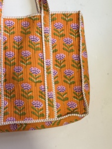 Orange Floral Quilted Tote <b>Bag</b> Cotton Fabric Bohemian Style Shopping <b>Bag</b> Open Top Reusable Shoulder <b>Bag</b> - Product Image 3