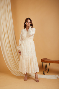 <b>Boho</b> Chic V-Neck Cotton Midi <b>Dress</b> Featuring Eyelet Embroidery and Voluminous Puff Sleeves Casual <b>Summer</b> Apparel for Women - Product Image 2