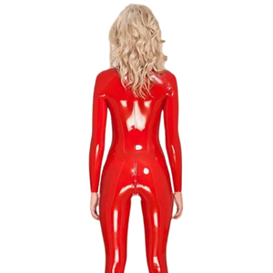 Mono largo rojo de PU para mujer, cuello alto, manga larga, cintura alta, ajustado, elástico, estilo bodycon, ropa de club - Product Image 5