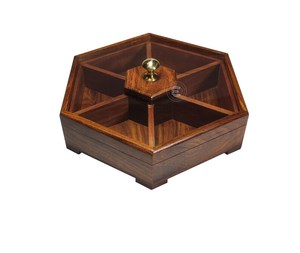 Handmade Wooden <b>Spice</b> Box, Indian Masala Dabba With 7 Compartments <b>Spice</b> Box: Hexagonal Wooden Serving <b>Tray</b> with Glass Lid - Product Image 4