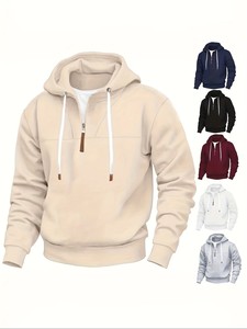 Sweat-shirt à capuche pour homme, fermeture éclair quart de tour, couleur unie, en molleton bouclette, décontracté, pour l'automne - Product Image 1