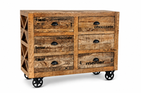 Armoire de rangement industrielle en bois massif avec 6 tiroirs et roulettes