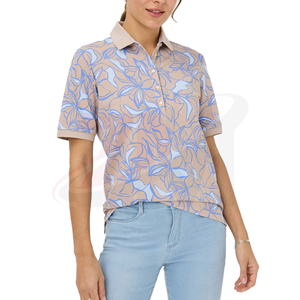 เสื้อโปโลผู้หญิงลายดอกไม้ แขนสั้น สีเบจ สีน้ำเงิน ผ้าถัก พิมพ์ลาย สวมใส่สบาย ระบายอากาศได้ดี โพลีเอสเตอร์ 100% - Product Image 2