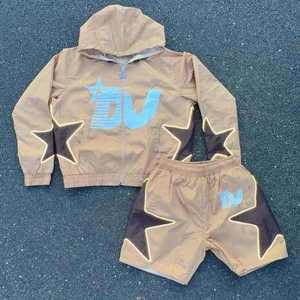Ensemble de survêtement unisexe à capuche avec blocs de couleur, léger, 100 % coton, style sportif, manches longues, short à fermeture éclair, imperméable - Product Image 2