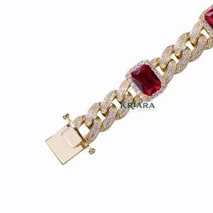 925 Gold Plated Moissanite Cuban <b>Bracelet</b> Emerald Cut <b>Red</b> Stone Bezel Setting Unisex Luxury Chain <b>Bracelet</b> - Product Image 5