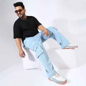 Pantalones Cargo de Mezclilla Azul Claro Ecológicos para Hombre, 100% Algodón, Corte Holgado, Pierna Ancha, Cintura Media, Estilo Casual Hip Hop - Product Image 5