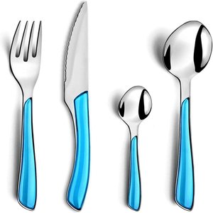 Ensemble de couverts modernes en acier inoxydable avec manches bleus, finition miroir, compatibles lave-vaisselle, pour le camping, les repas et la maison - Product Image 1