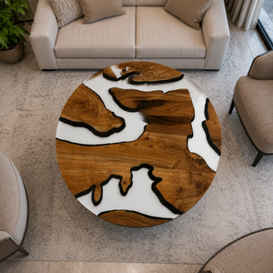 Custom Solid Wood White <b>Epoxy</b> Resin Round <b>Coffee</b> <b>Table</b> Luxury Designer Living Room Furniture - Product Image 2