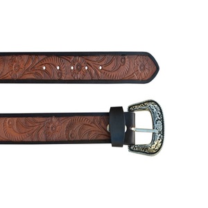 Custom Floral Embossed Top Grain Western Leather <b>Tooling</b> <b>Belt</b> for Men and Women with Designer antique Silver Brass Buckle - Product Image 4