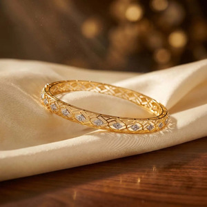 Yellow Gold Geometric Lattice <b>Bangle</b> <b>Bracelet</b> with Square Cluster Lab Grown Diamonds - Product Image 1