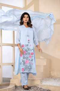 Ensemble de costume brodé floral en coton Mul bleu de qualité supérieure pour femmes, vêtements ethniques pour les acheteurs en gros - Product Image 2