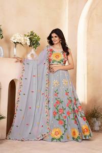 Lehenga Choli gris tradicional bordado con diseño floral para ocasiones de boda, ropa étnica femenina estilo India Pakistán - Product Image 2