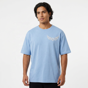 Camiseta de Manga Corta Azul Claro para Hombre con Logotipo de Ala Bordado, Cuello Redondo Informal, Algodón Jersey, Corte Regular - Product Image 6