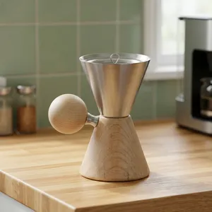Brûleur d'encens moderne en forme de sablier, alliant base en bois clair naturel et poignée sphérique avec entonnoir en métal argenté élégant, pour parfumer la maison - Product Image 4