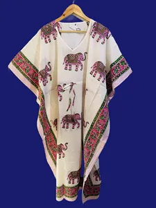 Vestido maxi tipo caftán blanco con estampado de elefantes estilo bohemio, cuello en V, corte holgado para mujer, vestido informal de algodón para vacaciones y playa - Product Image 4