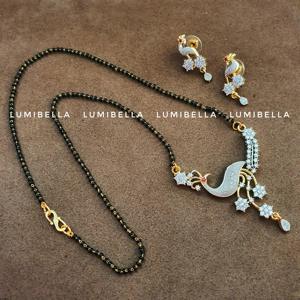 Peacock Design Gold Plated <b>Bridal</b> Mangalsutra <b>Necklace</b> <b>Set</b> with Stud <b>Earrings</b> - Product Image 3
