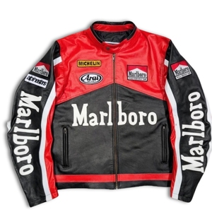 Chaqueta de Cuero Premium Retro Grand Prix Negra y Roja con Bordado Frontal, Edición Limitada, Serie Americana Vintage de los 90 - Product Image 1