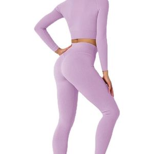 Ensemble de sport sans couture couleur pastel, haut court à manches longues, tenue d'entraînement pour femme, leggings taille haute, violet clair - Product Image 4