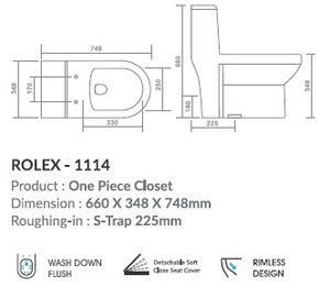 Inodoro de una pieza con sifón en S de 225 mm y dimensiones de 660x348x748 mm, descarga por arrastre, diseño sin borde. - Product Image 2