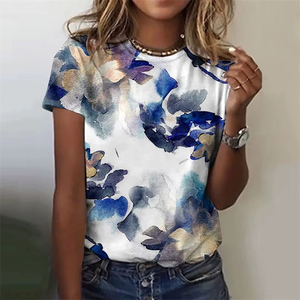 T-shirts pour femmes à imprimé floral tendance, col rond, manches courtes, en jersey respirant pour l'été - Product Image 5