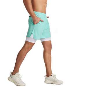 Shorts pour homme en tissu polyester tissé, couleur vert menthe, à séchage rapide, avec taille élastique et poches, style sport décontracté, longueur courte - Product Image 5