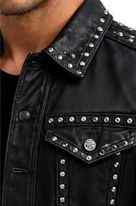 Veste en cuir noire pour homme, style punk, avec rivets et clous, col rabattu - Product Image 4