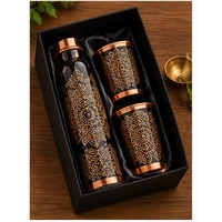 Ensemble de bouteilles d'eau minimalistes en cuivre pur avec motif floral et bordure en cuivre, vaisselle portable pour les voyages
